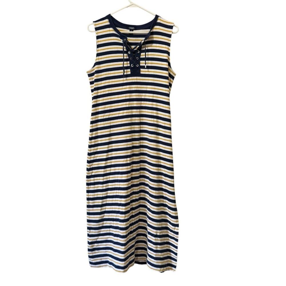 Chaps Women‎ Size Large Sleeveless Dress Lace Neck Striped Cotton Nautical Beach